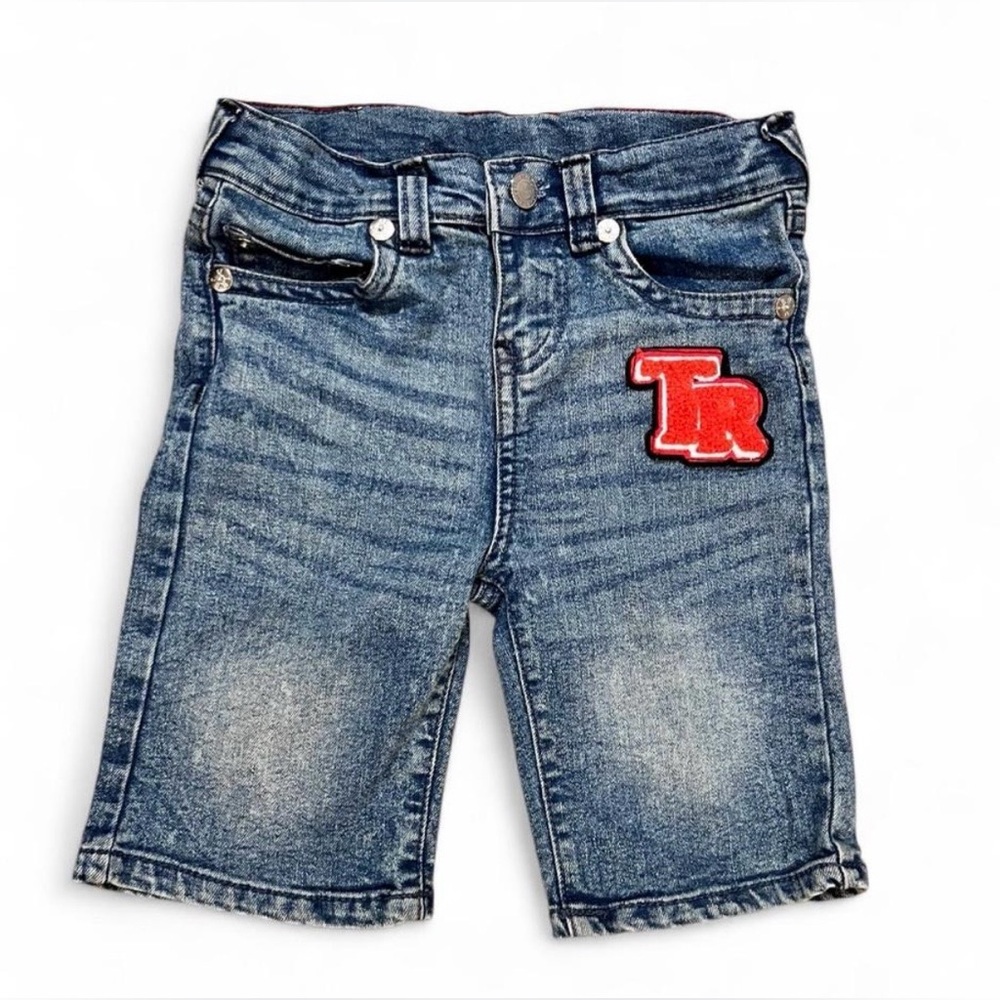 True Religion Kids Blue And Red Logo Denim Shorts 5/6